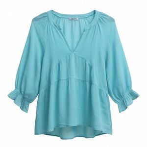 Meo Meli Linen Teal Babydoll Peasant Blouse Boho Feminine V-Neck Balloon Sleeve